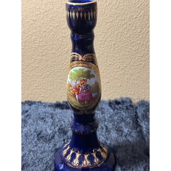 Vintage Lemonge France Hand-Painted Cobult Blue & Gold Porcelain Candle Holder - Picture 1 of 9